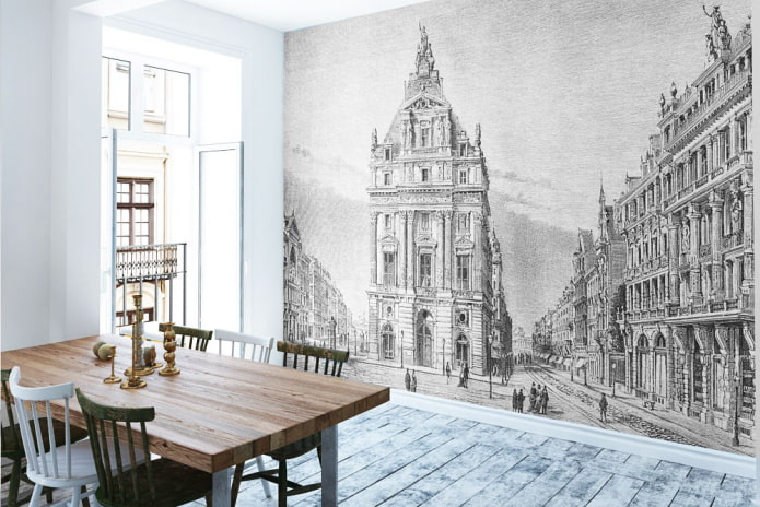 Papier peint avec l'image d'une ville antique dans l'intérieur de la cuisine