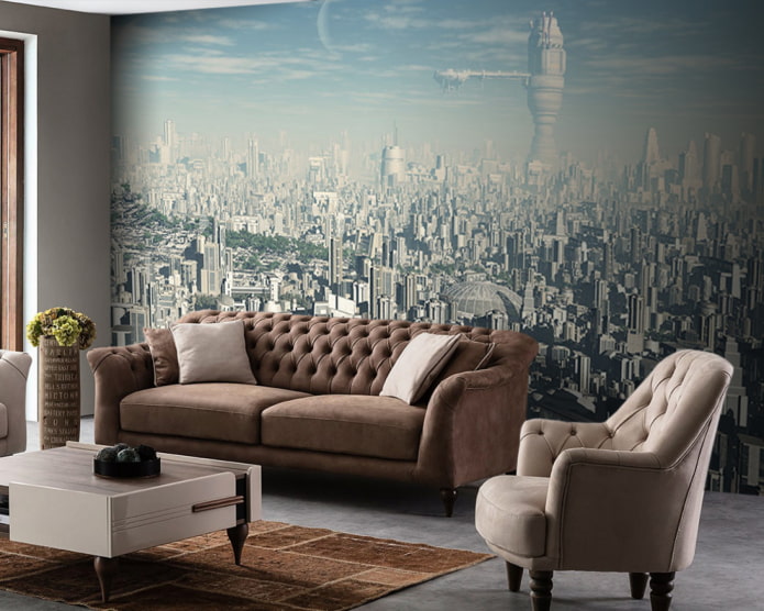 Fond d'écran photo représentant une ville futuriste à l'intérieur