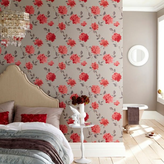 Papier peint floral gris-rouge