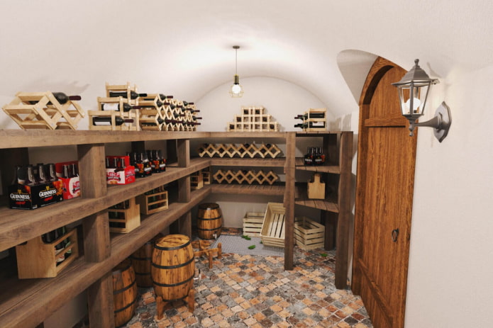 cave à vin avec des tonneaux carbonisés à la datcha