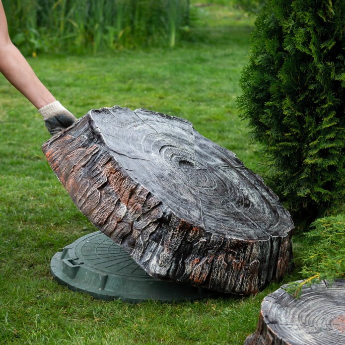 Décoration de trappe de fosse septique avec fausse souche d'arbre