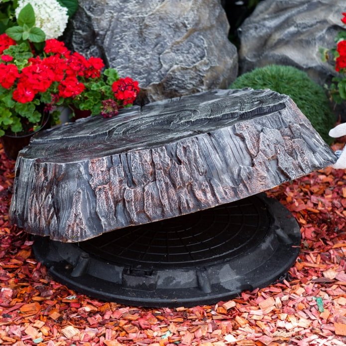 Décoration de fosse septique avec fausse souche d'arbre et fleurs