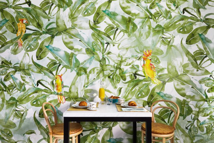 Papier peint avec verdure et oiseaux