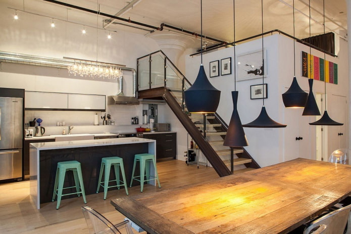 Suspensions de style loft au-dessus de la table