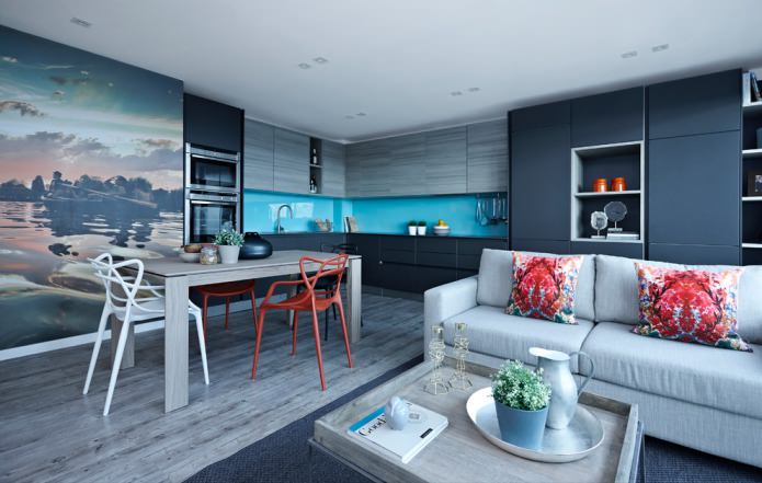 Parquet gris dans la cuisine-salon