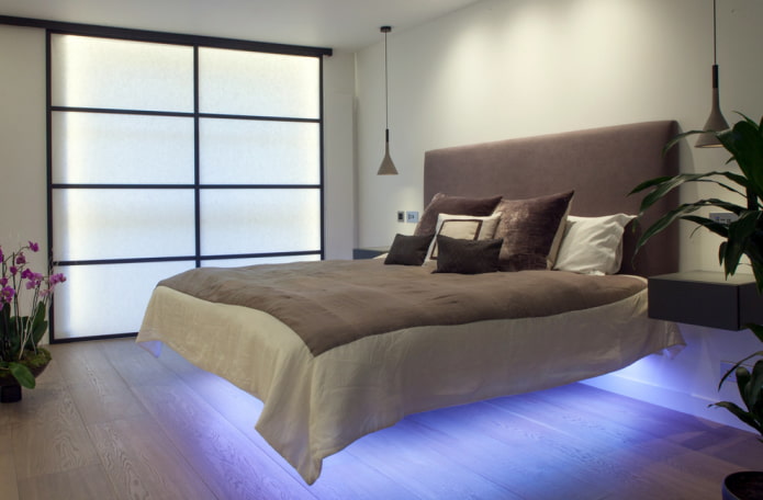 lit avec effet flottant et éclairage
