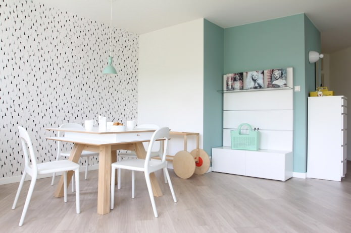salle à manger de style scandinave aux couleurs blanc et menthe