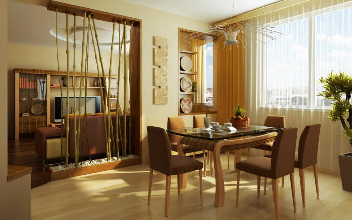 Cloison en bambou à l'intérieur d'une cuisine-salon