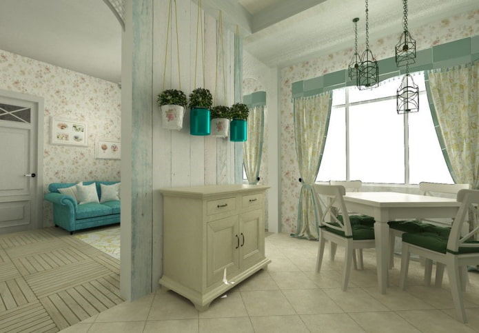Cloison dans un intérieur de cuisine-salon de style provençal