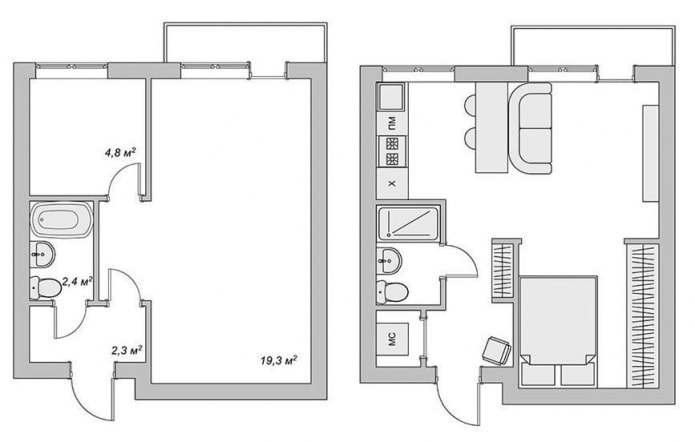 Réaménagement d'un appartement d'une pièce dans un immeuble Khrouchtchev