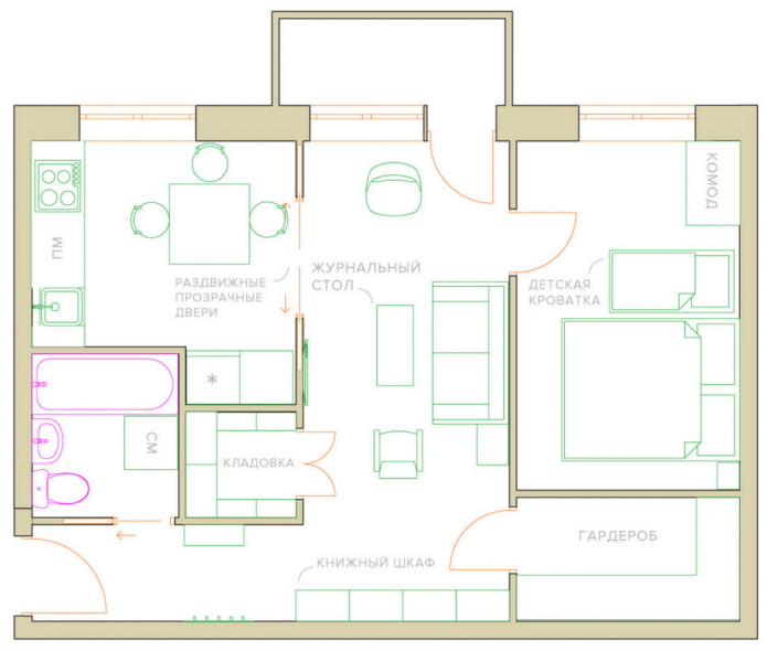 Réaménagement d'un appartement de deux pièces dans un immeuble Khrouchtchev