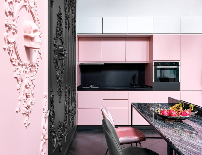 Cuisine noire et rose en rangée simple