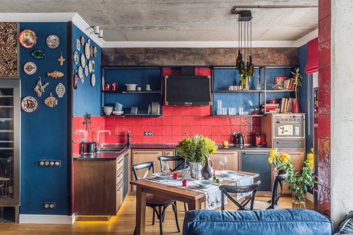 Cuisine en L rouge et bleue