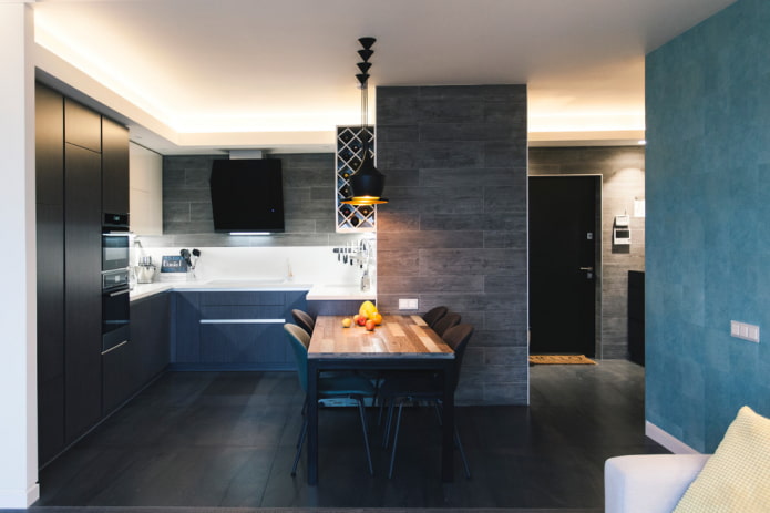 Carrelage de sol noir dans la cuisine