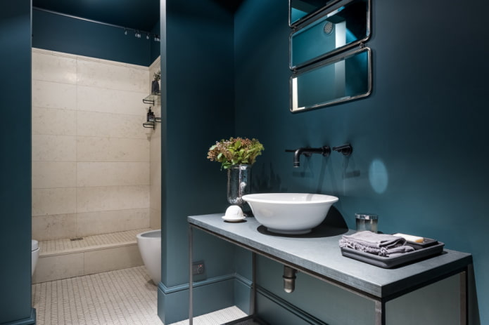 Salle de bain bleue avec carrelage dans la douche