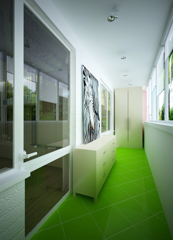 Carrelage vert au sol à l'intérieur du balcon