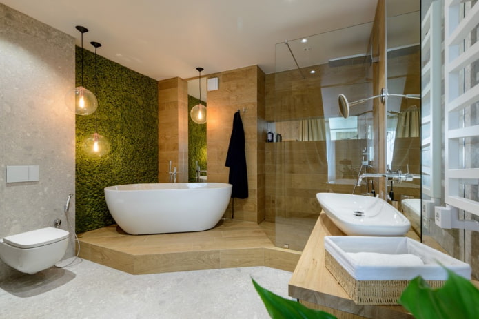 Carrelage en bois dans une salle de bain de style écologique