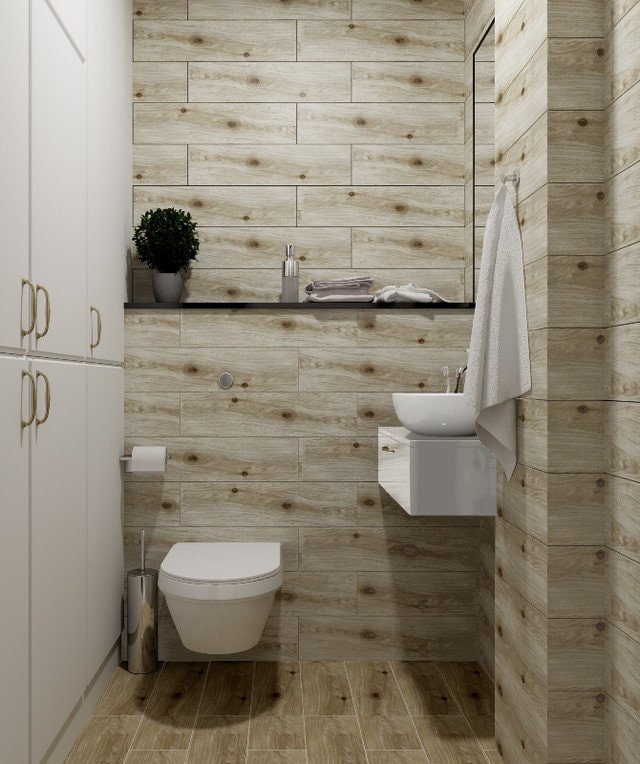 Design de carrelage en bois dans la salle de bain