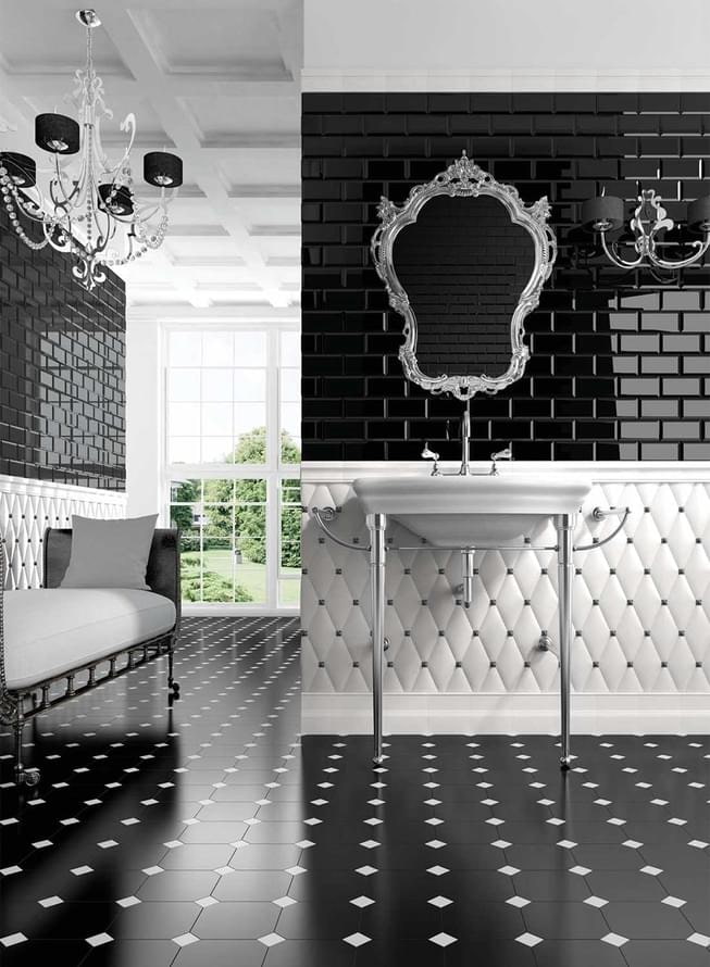 carrelage avec décor dans l'intérieur de la salle de bain