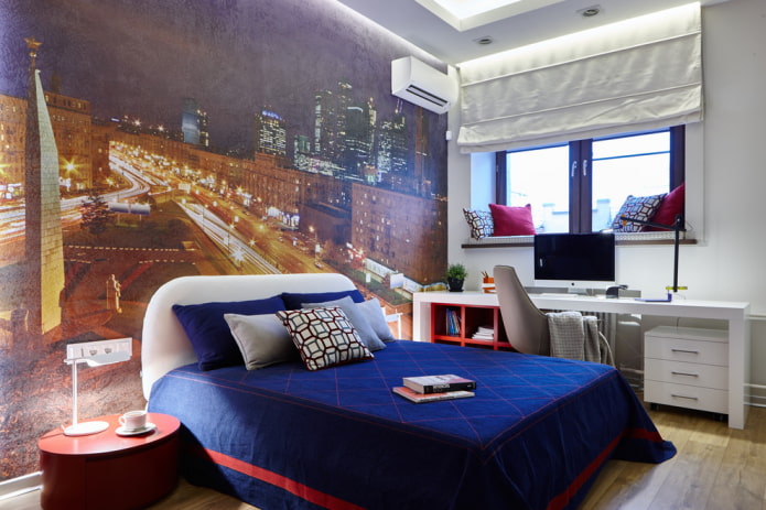 lit adolescent avec couvre-lit dans une chambre de garçon