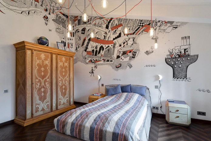 lit adolescent avec couvre-lit dans une chambre de garçon