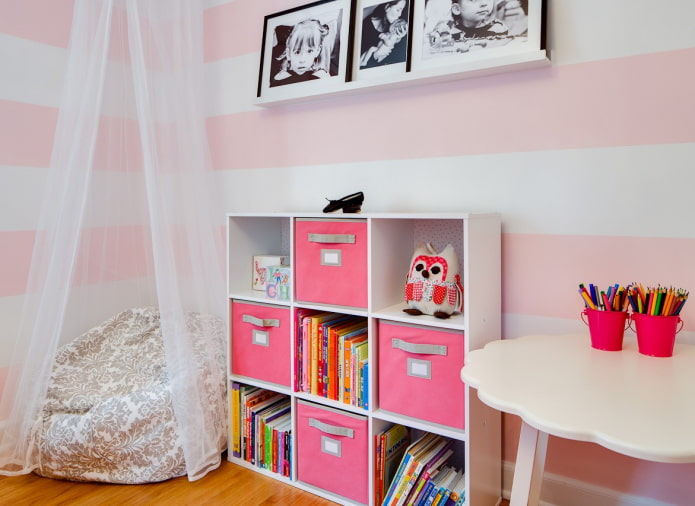 Étagères à l'intérieur d'une chambre de fille