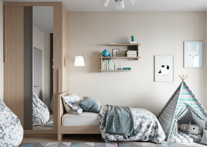 Étagères au-dessus du lit à l'intérieur de la chambre d'enfant