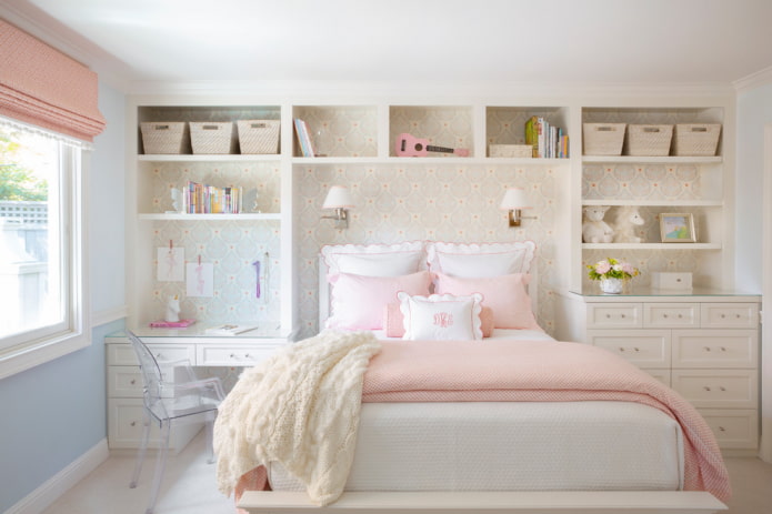 étagères à l'intérieur d'une chambre de fille