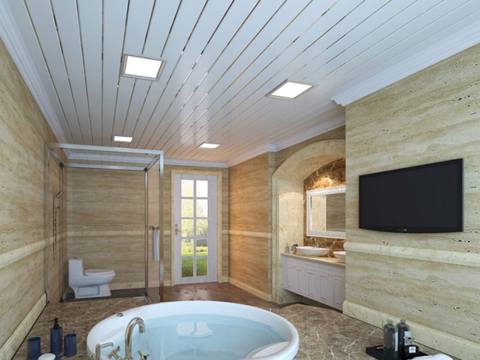 panneaux de plafond métalliques dans la salle de bain