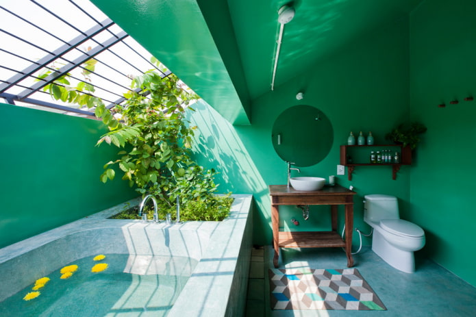 Plafond vert dans la salle de bain