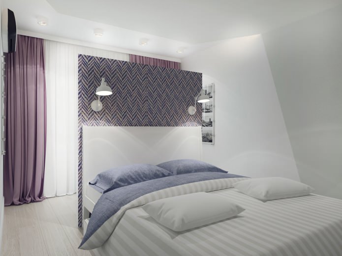 Intérieur de chambre avec rideaux violets