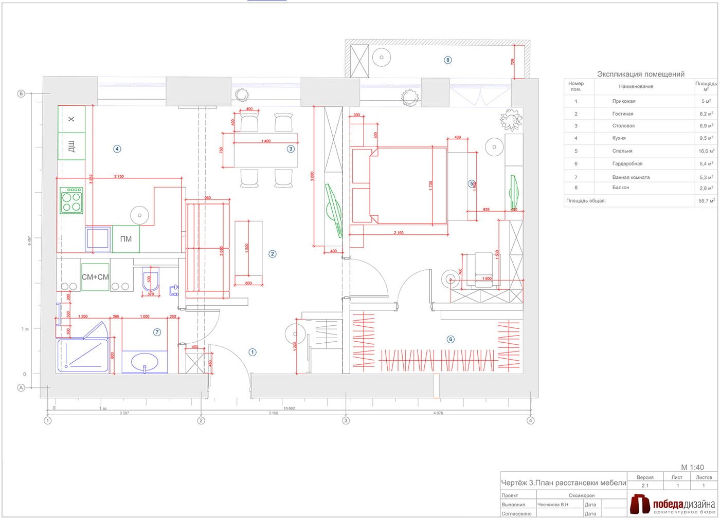 Aménagement d'un appartement de deux pièces de 57 m².