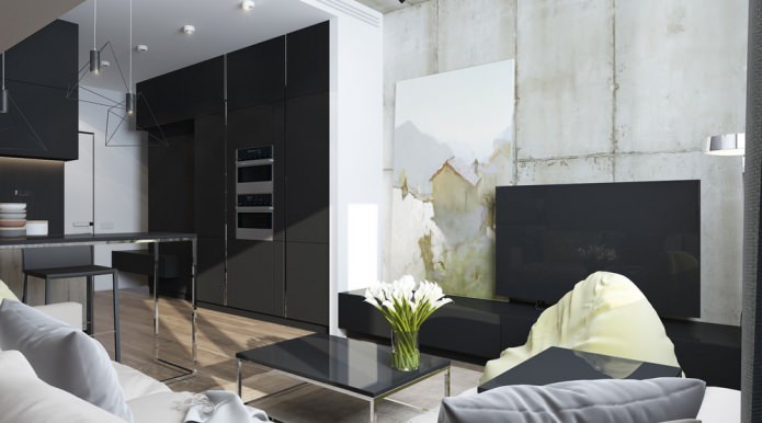 Design moderne d'un salon et d'une cuisine dans un studio