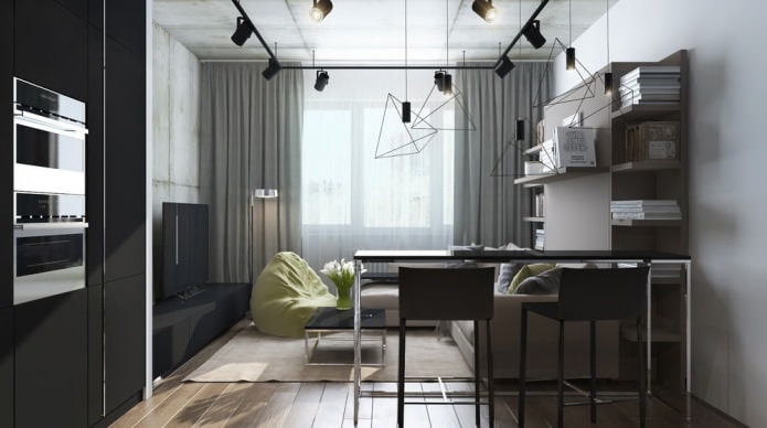 Design moderne d'un salon combiné avec une cuisine dans un studio