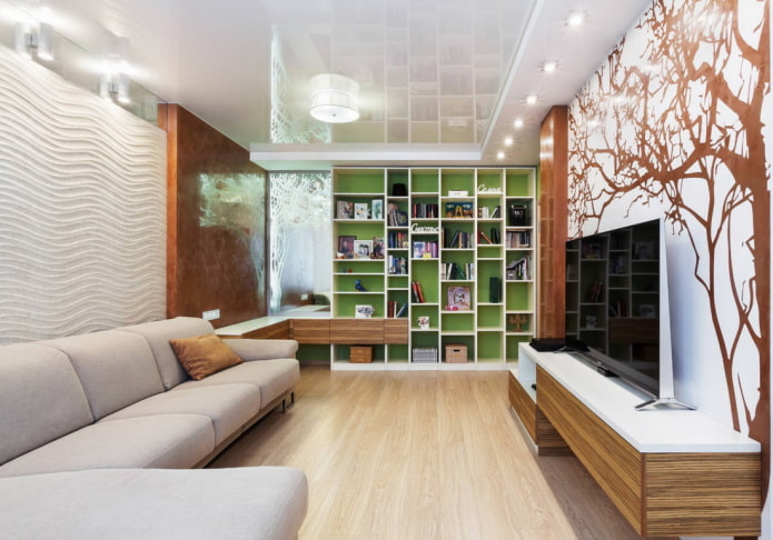 Lumière dans le salon avec un plafond tendu