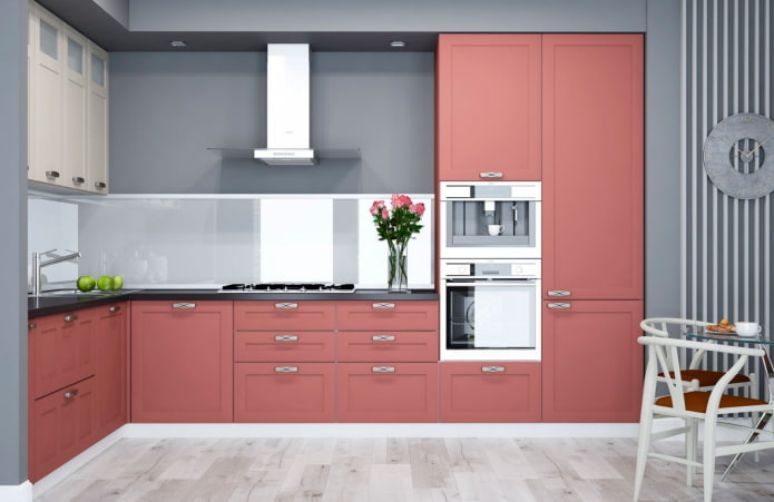 intérieur de cuisine dans des tons gris et roses