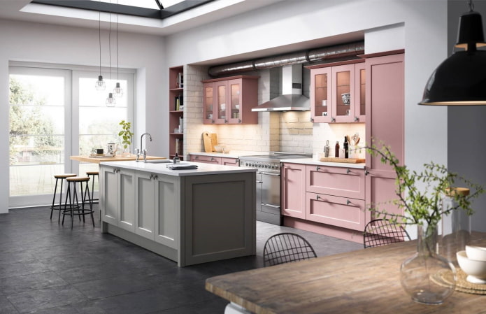 intérieur de cuisine dans des tons gris et roses