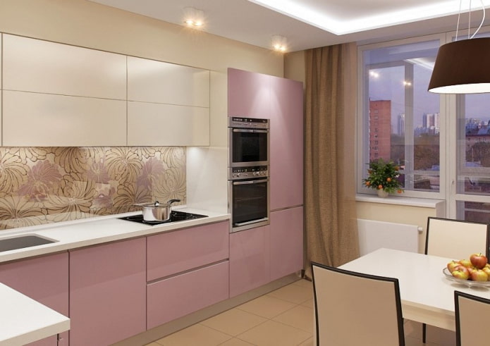 Intérieur de cuisine dans les tons beige et rose