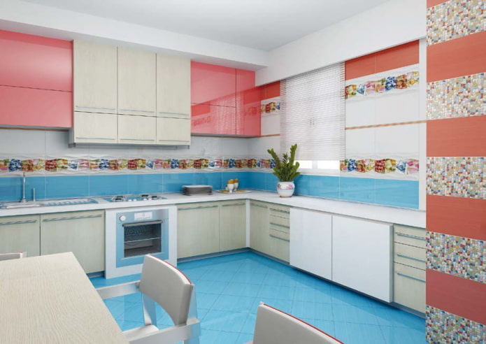 Intérieur de cuisine aux tons roses et bleus