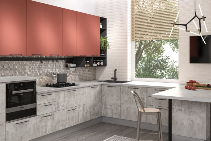 Intérieur de cuisine aux tons gris et rose