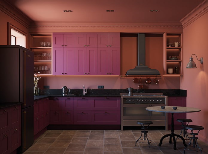 intérieur de cuisine aux tons rose et lilas