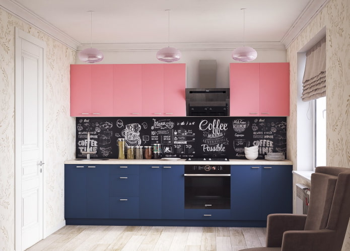 Intérieur de cuisine aux tons roses et bleus