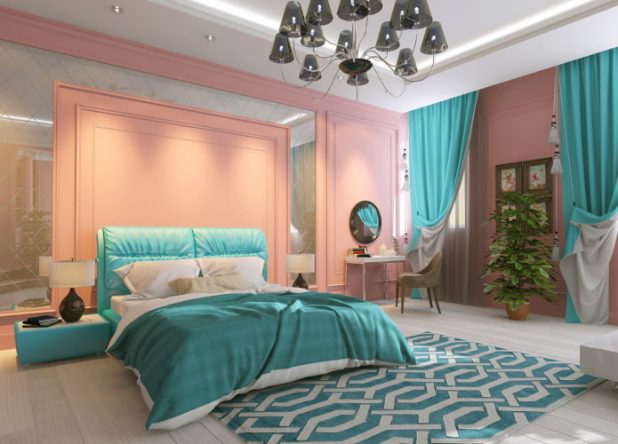 Intérieur de chambre aux tons roses et turquoise