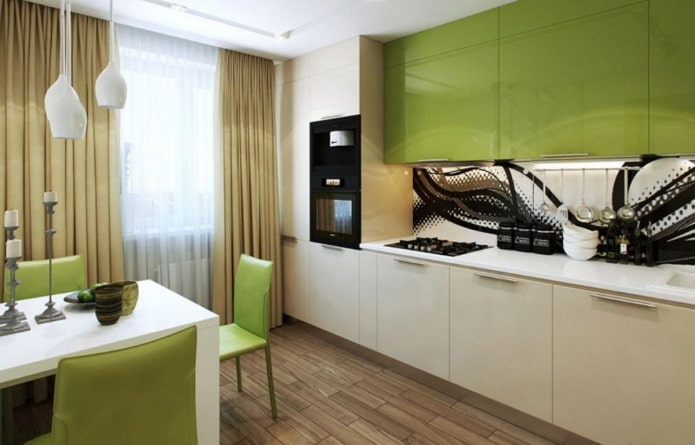Intérieur de cuisine dans les tons beige et vert clair