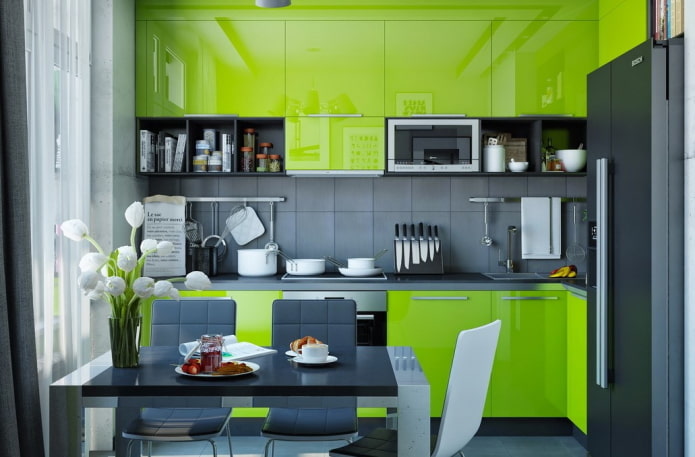 Intérieur de cuisine dans les tons gris et vert clair