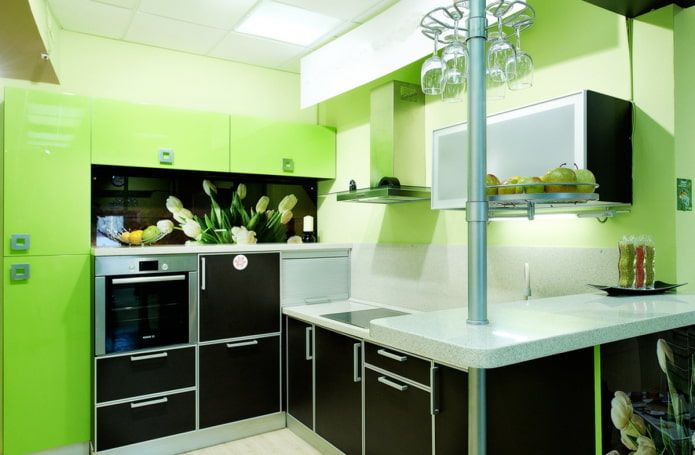 Intérieur de cuisine dans les tons noir et vert
