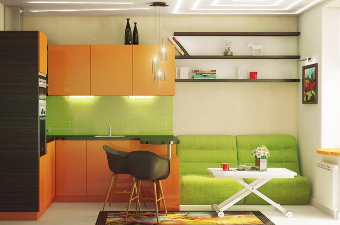 Intérieur de cuisine aux tons orange-salade