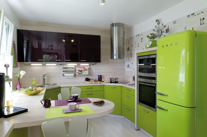 Meubles et électroménagers dans la cuisine aux tons vert clair