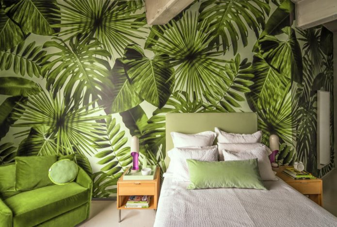 Papier peint photo avec des feuilles dans la chambre
