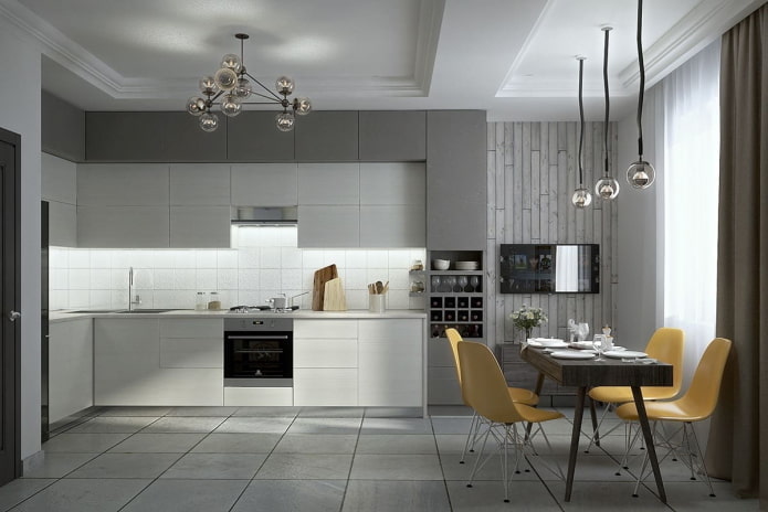 Meubles et électroménagers dans une cuisine aux tons gris